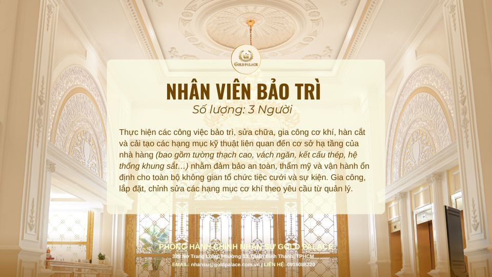 Gold Palace tuyển dụng nhân viên bảo trì